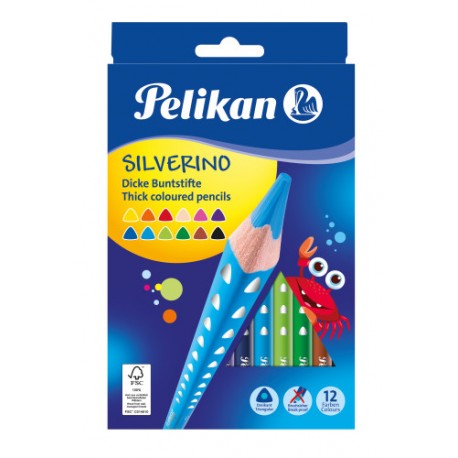 Kredki drewniane trójkątne grube Pelikan Silverino 12 kolorów
